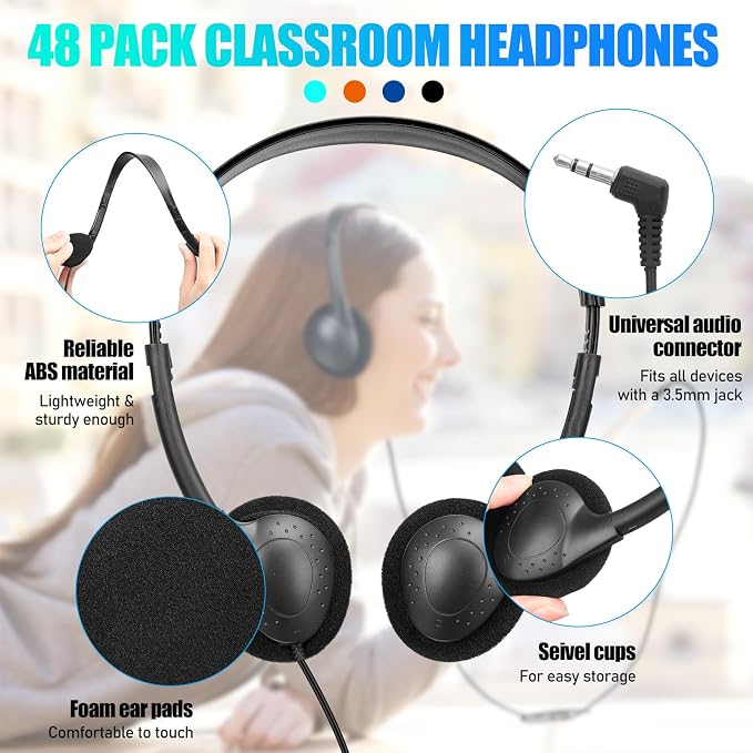 Frienda 48 Pack Classroom Headphones Bulk, Wired School Headsets for Students, Stereo Headphones with 3.5 mm Plug for Classroom, Online Learning, Library(Classic,Blue, Orange, Navy, Black)