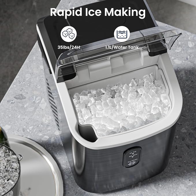Antarctic Star Nugget Ice Makers Countertop with Self-Cleaning, 35lbs/24H, Portable Sonic Ice Maker Machine with Handle/Basket/Scoop for Home, Kitchen, Office, Camping(Stainless Steel Black)