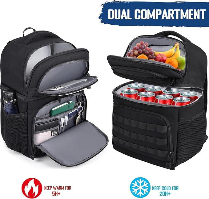 MOZETO Lunch Backpack for Men, Tactical Inspired Double Deck Cooler Backpack Insulated Leakproof RFID Lunchbox for Work (Black)