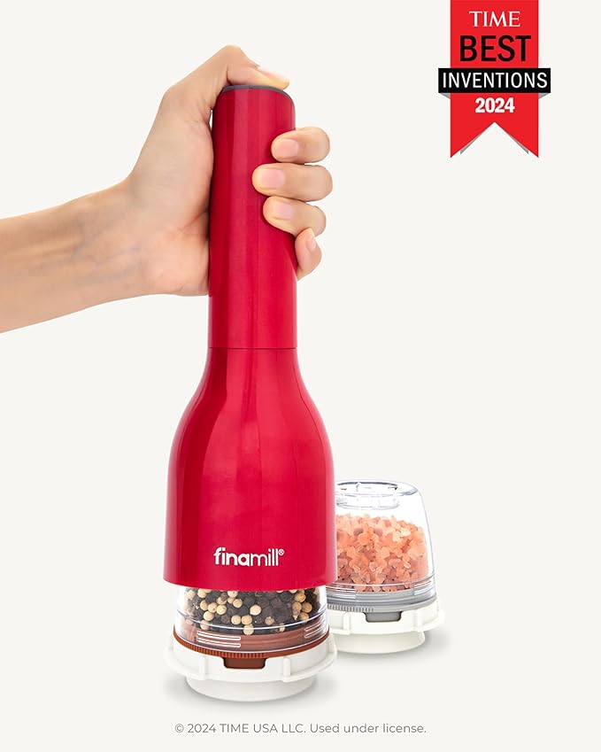 FinaMill Classic Battery Spice Mill – Battery Operated Salt and Pepper Grinder Set, Includes 2 Interchangeable Spice Pods, Adjustable Coarseness, LED Light, Home and Kitchen Gift Set for Father's Day