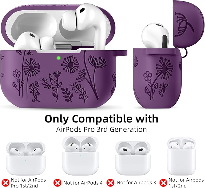 Lerobo Flower Engraved Case for AirPods Pro 3 with Cleaner Kit,Soft Silicone Cover with Keychain Compatible with Apple AirPods Pro 3rd Generation Case for Women & Men,360°Protection,Led Visible,Purple
