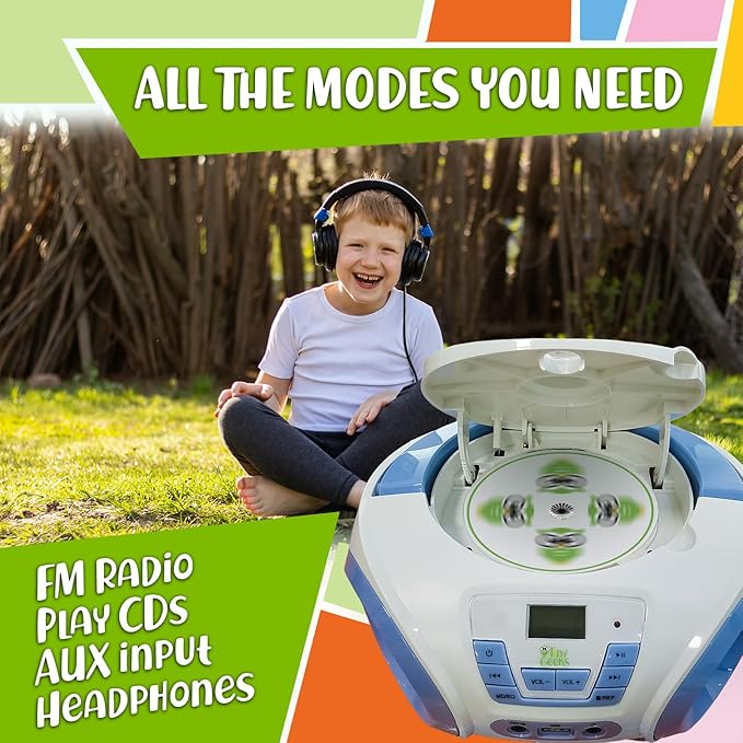 TinyGeeks Tunes Kids Boombox CD Player for Kids - NEW 2023 - FM Radio - Batteries Included - Cute white Radio cd Player with Speakers for Kids and Toddlers - Blue