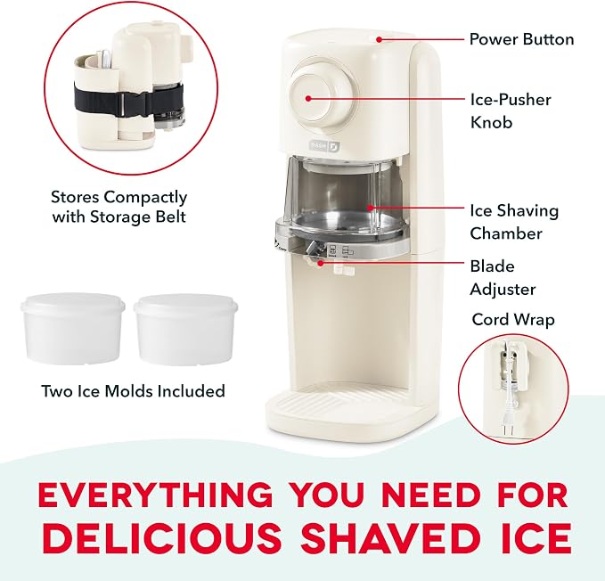 Dash Pro Shaved Ice Machine — Snow Cone Maker with Adjustable Blade for Fluffy Frozen Treats at home — Countertop Ice Shaver, 2 Freezer Containers & Recipe Guide