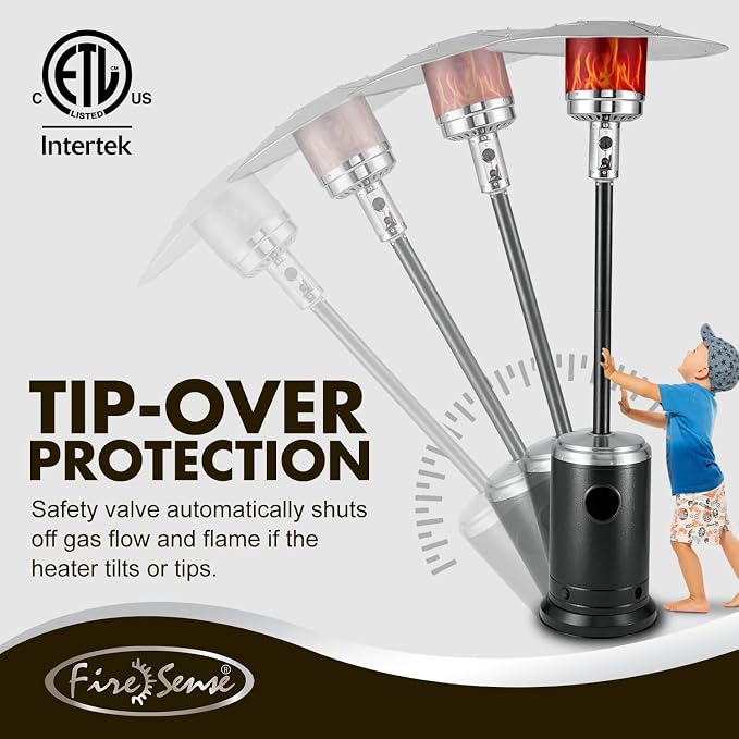 Fire Sense All Seasons Patio Heater With Wheels 48000 BTU Output Electronic Ignition System Portable Outdoor Propane Heater Series Patio Heater - Oynx & Stainless Steel Accent Finish