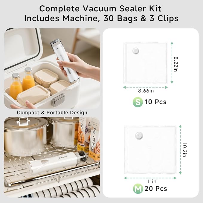 Mehomeli Compact Vacuum Sealer for Food (Vacuum Sealer Machine + 30 Reusable Vacuum Bags), Powerful Handheld Vacuum Sealer Machine, Seal Food 6X Fresh Longer, Portable & Wireless, Easy-Clean