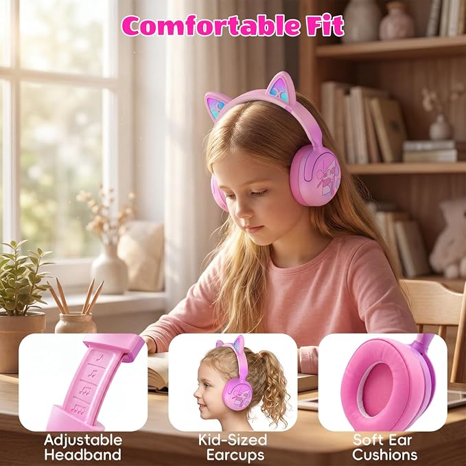 Kids Bluetooth Headphones with LED Cat Ears, Active Noise Cancelling Headphones for Kids, 85dB Safe Volume, 40H Play Time, Bluetooth 6.0, Fast Charging, Built-in Mic for iPad/Tablet/Airplane, Pink