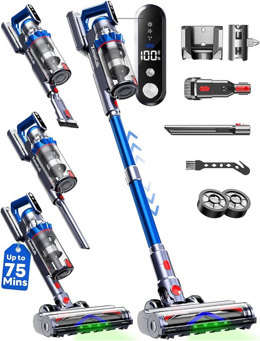 Cordless Vacuum Cleaner, 75Mins/55KPa/650W Freestanding Stick Vacuum Cleaners for Home, Rechargeable, Lightweight, Cone Filtration&Anti-Tangle,Hardwoods, Pet Hair