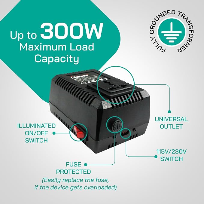 LiteFuze 300 Watt Step Up/Step Down Travel Voltage Converter, 220/110v to 110/220v converter with Type B Plug - Compatible with Hair Straightener, Camera, Laptop & More