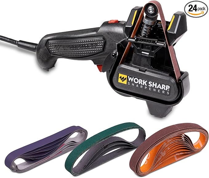 Work Sharp MK2 Professional Electric Knife and Tool Sharpener with Adjustable Sharpening Guides and Flexible Abrasive Belts Plus Bulk Belt Replacement Pack for Craftsmen and Tradesmen