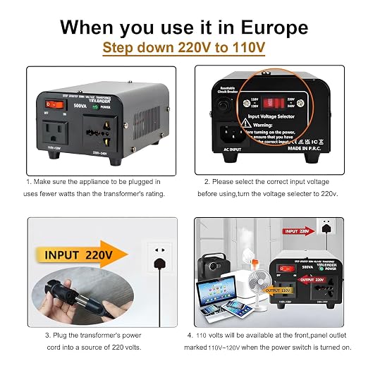 Yinleader 500W 110/120V to 220/240V Voltage Converter Transformer Step Up/Down Converter 110V to 220V, 220V to 110V with US Power Cord and US to EU Adapter