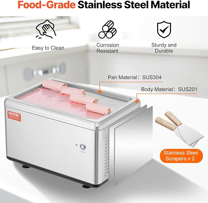 VEVOR Fried Ice Cream Machine, 12.6" x 8.5" 120W Stir-Fried Ice Cream Roll Maker with Compressor and 2 Scrapers, for Making Dessert Rolls, Frozen Yogurt