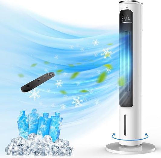 Windowless Portable Air Conditioners, 37’’ Cooling Tower Fan, Evaporative Air Cooler w/Remote, 2.5L Water Tank & Ice Packs, 12H Auto-off, 70° Oscillating, Ultra-Quiet Standing Fan For HomeOffice