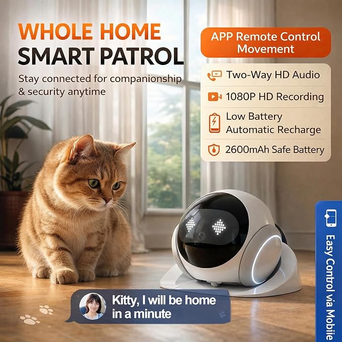 Robot Camera on Wheels,1080P Movable Indoor Camera with Remote Interaction, 2 Way Talk, Night Vision, Motion Detection, Auto Recharge, APP Control Home Security Cam for Pet, Elderly, Baby