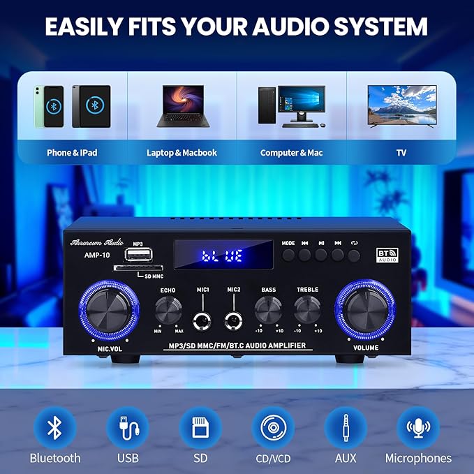 Amp10 Amplifier Home Audio,400W Power Amplifier 2 Channel Stereo Receiver with Bluetooth 5.0,Active Subwoofer Output, FM Radio, USB/SD/AUX, MIC, Remote Control for Home Theater