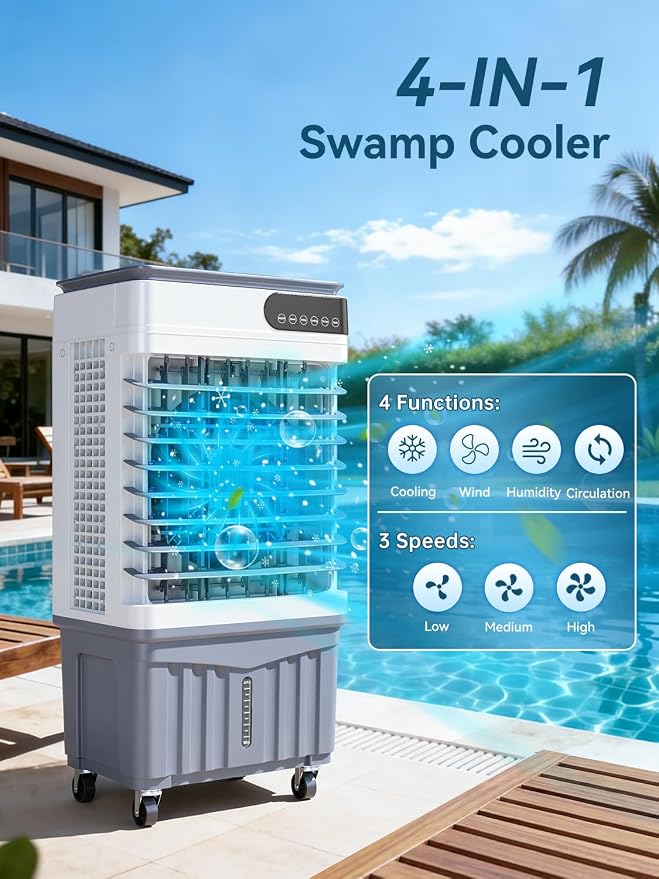2800CFM Swamp Cooler, 4-IN-1 Evaporative Air Conditioners With 9.8 Gal Water Tank, 4 Ice Packs, Remote, 12H Timer, 120°Oscillation, 36”Portable Cooling Fan with 3 Modes&Speeds for Indoor Room （9）