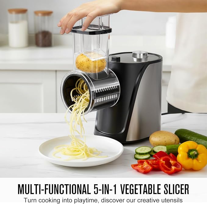 5-in-1 Electric Vegetables Chopper, 250W Cheese Grater Salad Shooter with 5 Different Blades, Kitchen Food Processor Cutter Slicer for Carrots, Potatoes, Nuts, Crackers, Salad Prep