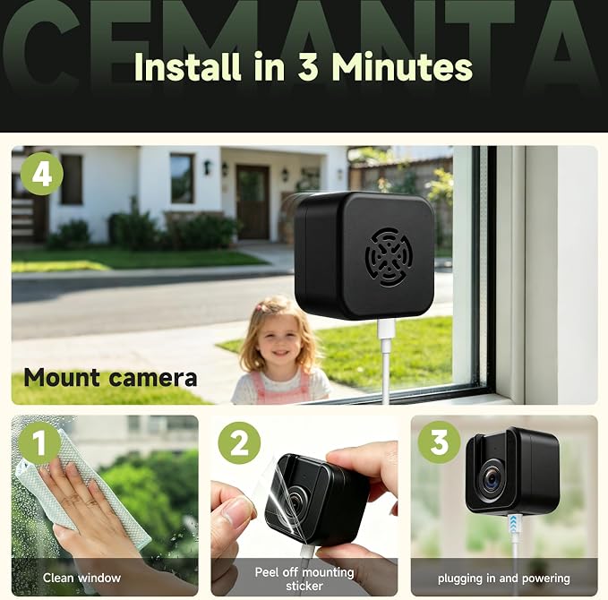3MP Window Camera, Lifetime Free Cloud Storage, WiFi6 Indoor Security Camera, Night Vision, AI Detection, 24/7 Recording, Compatible with Alexa, Black, 2PCS