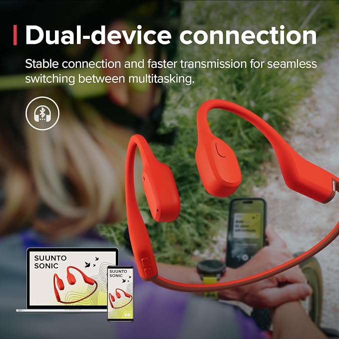 SUUNTO Sonic Open-Ear Bone Conduction Sports Headphone, Bluetooth Wireless Headset w/Enhanced Bass & Multipoint Connection, 10H Playtime w/Fast Charging, Built-in Dual Mics, Waterproof & Light, Red