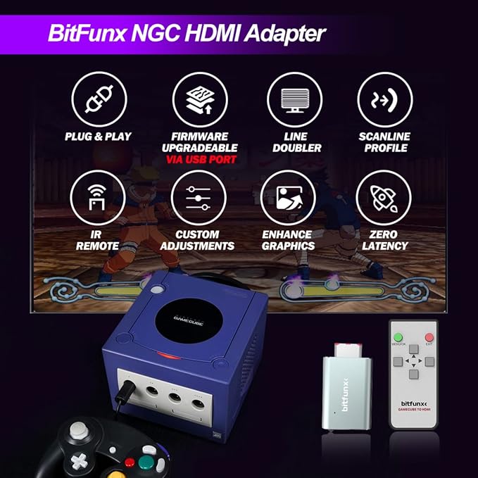 BITFUNX NGC HDMI™ Adapter - Supports 2X Line Doubler, Firmware Upgrade, Scanline Profile, IR Remote and GC2SD Gen2 SD Card Adapter Include, Plug & Play Video Game Adapter with No Lag