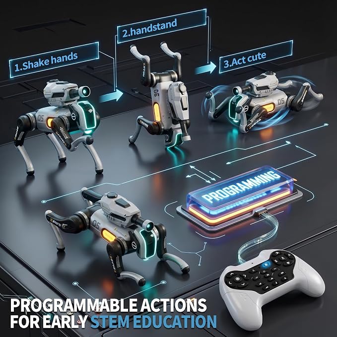 Remote Control Robot Dog Toy with Safe Soft Projectile Launcher, Upgraded Stable RC Smart Puppy with 30+ Stunts, Smart Programmable Interaction, Screen-Free STEM Gift for Kids Age 6-12(White)