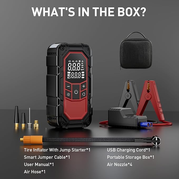 Jump Starter with Air Compressor,Car Battery Jump Starter (9.0 Gasoline/6.5L Diesel) with 150PSI Digital tire inflator Portable,12V Power Pack Car Jump Box Charger with LCD Display, Lights