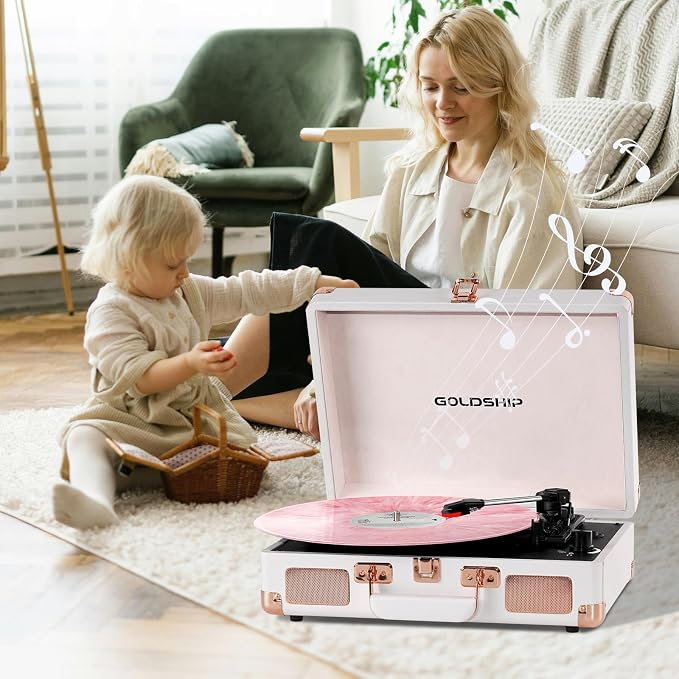 Portable Record Player with Bluetooth, 3-Speed Vinyl Turntable with Built-in Battery, Suitcase Design, Headphone Jack, RCA & Aux Connectivity for Indoor & Outdoor Listening