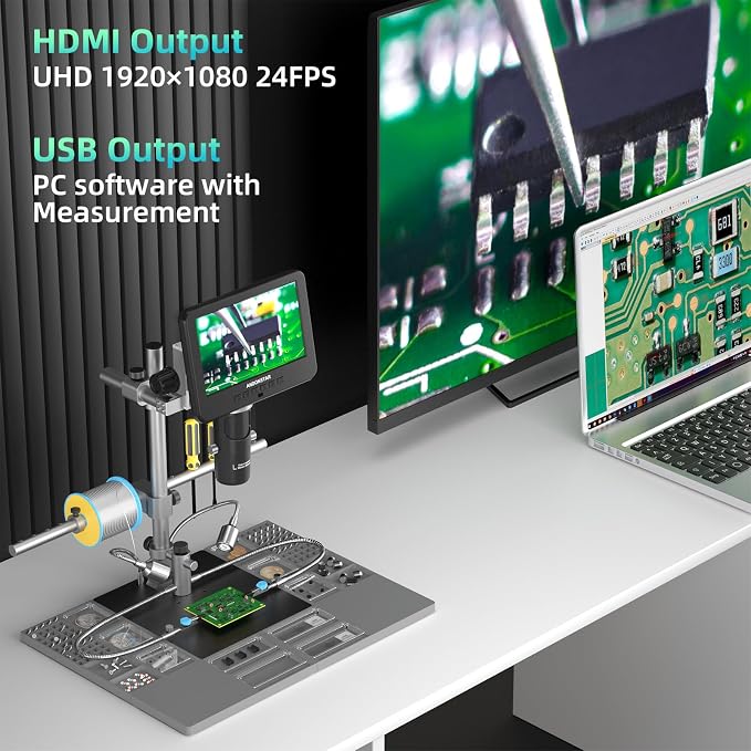 Andonstar AD246S-M Plus 7'' HDMI Soldering Digital Microscope for Electronics Repair, 2000x 3 Lens 2160P UHD Video Record, Soldering Microscope Station with Helping Hands, Coin Full View 32GB Card