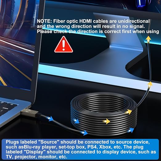 Soonsoonic Fiber Optic HDMI Cable 100ft,18Gbps 4K@60Hz(4:4:4) Unidirectional Active 2.0 Cord,Support HDR10 ARC HDCP 2.2 3D CEC Atmos DTS:X, Ultra high Speed Flexible and Slim（30m）