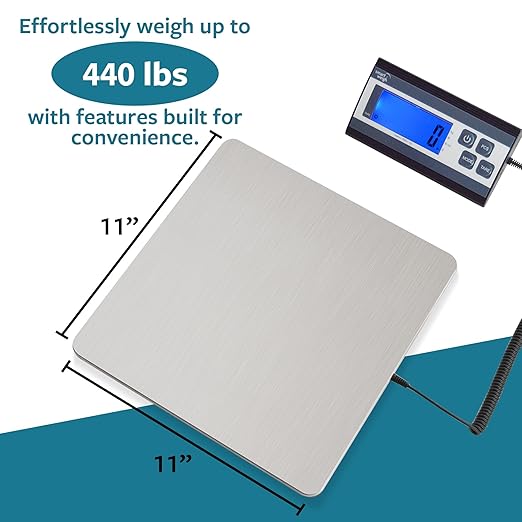 Smart Weigh Digital Postal Shipping Scale, 440 lb Capacity, 1 oz Readability, Hold & Tare Functions, Battery or USB-C Power, Corded Display, Stainless Steel Large Platform, Silver