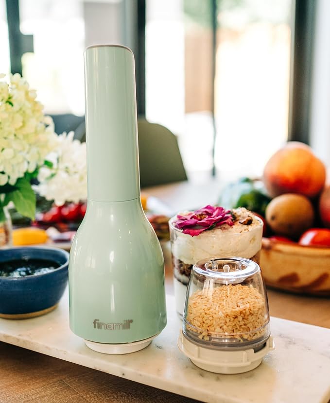 FinaMill Classic Battery Spice Mill – Battery Operated Salt and Pepper Grinder Set, Includes 2 Interchangeable Spice Pods, Adjustable Coarseness, LED Light, Home and Kitchen Gift Set for Father's Day