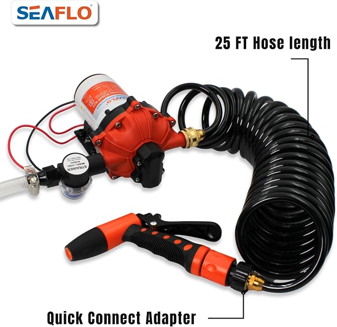 SEAFLO 55-Series Washdown Pump Kit - 12V DC, 5.5 GPM, 70 PSI, Self-Priming, Coiled Hose, Spray Nozzle, High Flow for RV, Boat, Off-Grid, Freshwater, and Saltwater Applications 4-Year Warranty