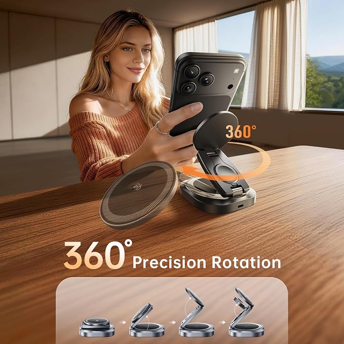 3-in-1 Foldable Qi2.2 25W Magnetic Wireless Charger Stand for iPhone Grey | 360° Rotatable Charging Station for Airpods & Apple Phone Watch Earbuds for Travel Desk Home (No Adapter)