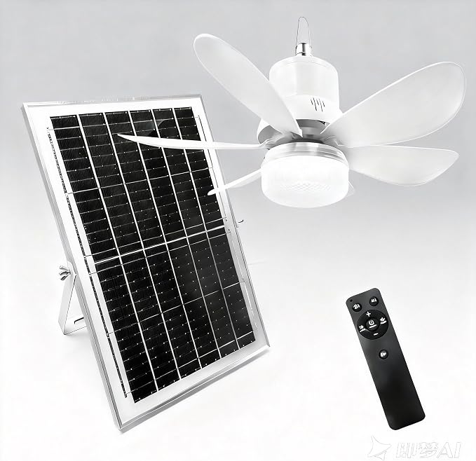 18.1" Solar Ceiling Fan Light with Battery Built-in 10000mAh Powered, Portable Rechargeable Fan with Long Cord Remote Control, Dual Type-C/Solar Charging Hanging for Tent Garage Gazebo Camping Outdoor