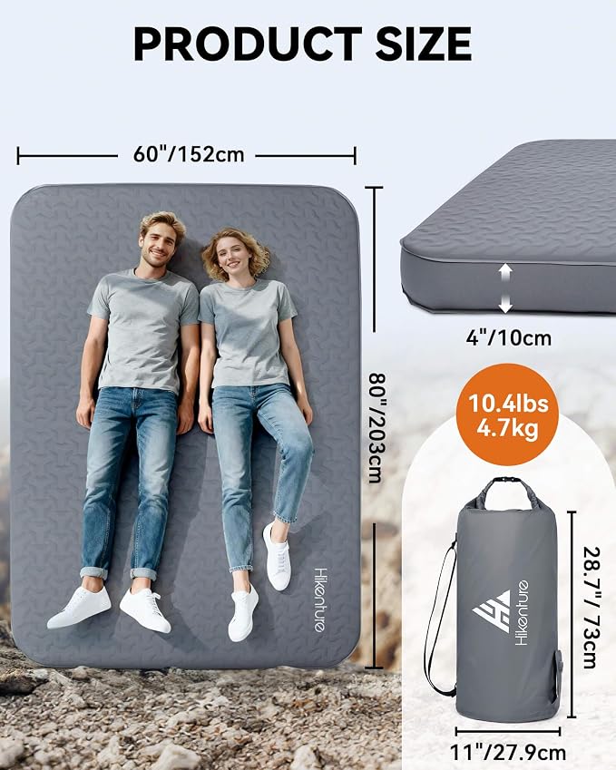 Hikenture 4" Thick Self Inflating Sleeping Pad, Foam & Air Camping Mattress, 9.5 R-Value Insulated Sleeping Mat, Portable All Season Camping Pad for Tent, Car, Cot, Truck