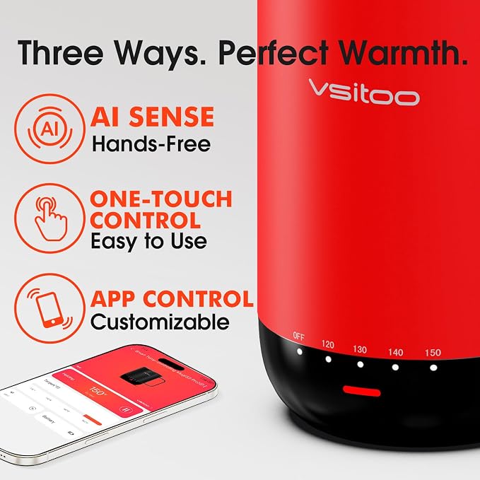 Vsitoo S3 Pro 16oz Self Heating Coffee Mug with AI Auto-Sensing, Smart Rechargeable Heated Mug Warmer 120-150℉, IPX7 Waterproof Temperature Control, Gift for Men Women - Red