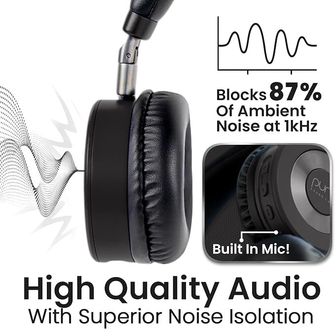 Puro Sound Labs JuniorJam Plus Volume-Limiting Wireless Bluetooth Headphones for Kids, Secure Audio with Adjustable On-Ear Design, 22-Hour Battery Life, Ideal for Tablets, Smartphones & PCs - Black