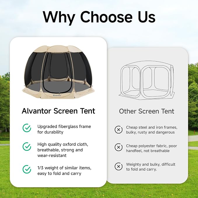 Alvantor Pop Up Screen House Tent, Instant Outdoor Gazebo with Mosquito Netting & UPF 50+ Sun Protection, Portable Canopy Shelter for Patio, Backyard, Camping (2-10 Person)