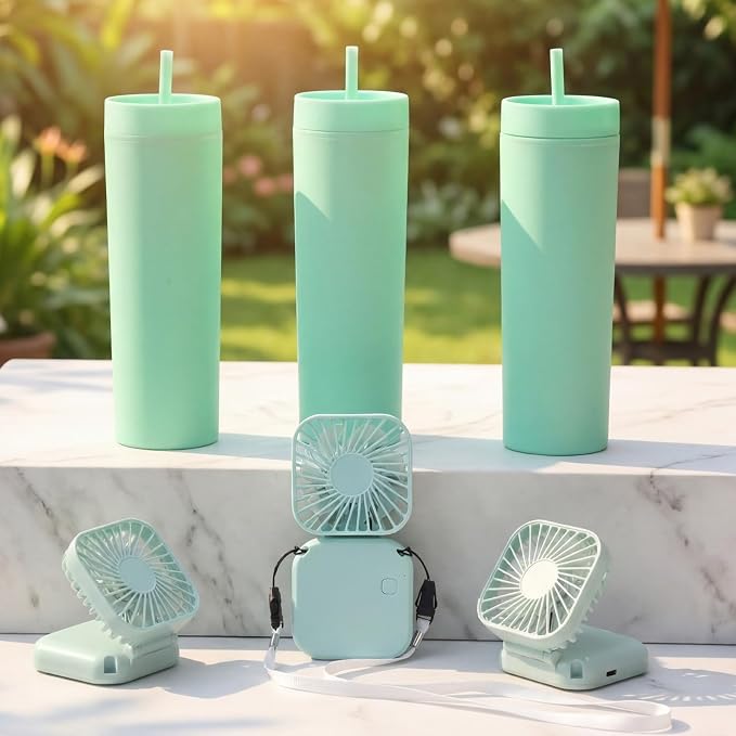 Reallnaive 12 Pcs Skinny Tumbler Bulk and Mini Portable Fans Set for Summer, 16 oz Plastic Cups with Lids Straws and Small USB Rechargeable Handheld Fan for Cooling Gift (Green)