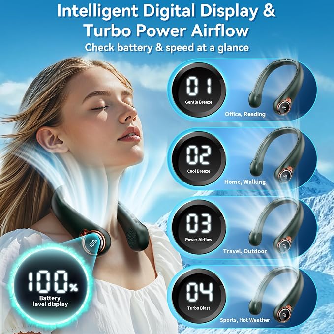 BNBZ Portable Neck Fan, 6000mAh Rechargeable Fan Blows Cold Air with LED Display, 4 Speeds, 20H Runtime, Quiet Wearable 360° Personal Cooling Fan for Outdoor Travel Work Gym,Fireplace Fans-Green