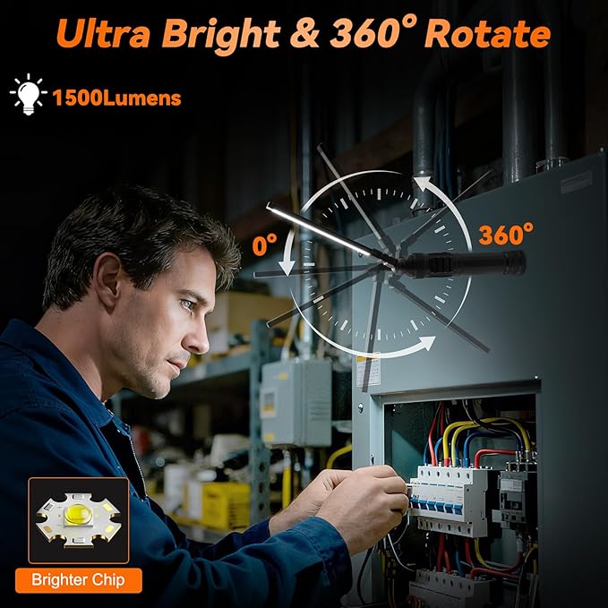 4Pack Magnetic Rechargeable LED Work Light/Flashlight for Mechanics | All Aluminum, 1500 High Lumens, Digital Display, 7 Modes, 360° Rotation, for Car Repairing, Emergency, Gifts for Father