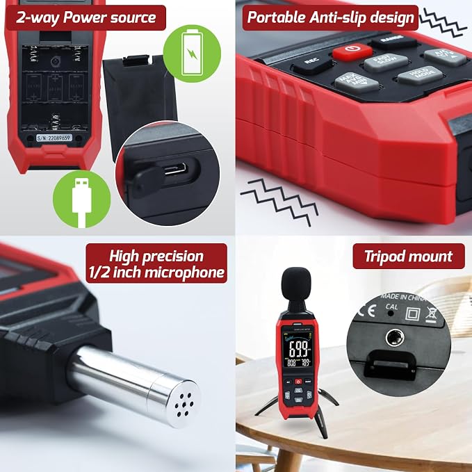 Decibel Meter with Data Logging Sound Decibel Meter Data Logger, 30~130dB Sound Level Meter with Audible Visual Alarm, Sound Meter with Export Data, PC Connection, Temperature, Analog Bar Indicator
