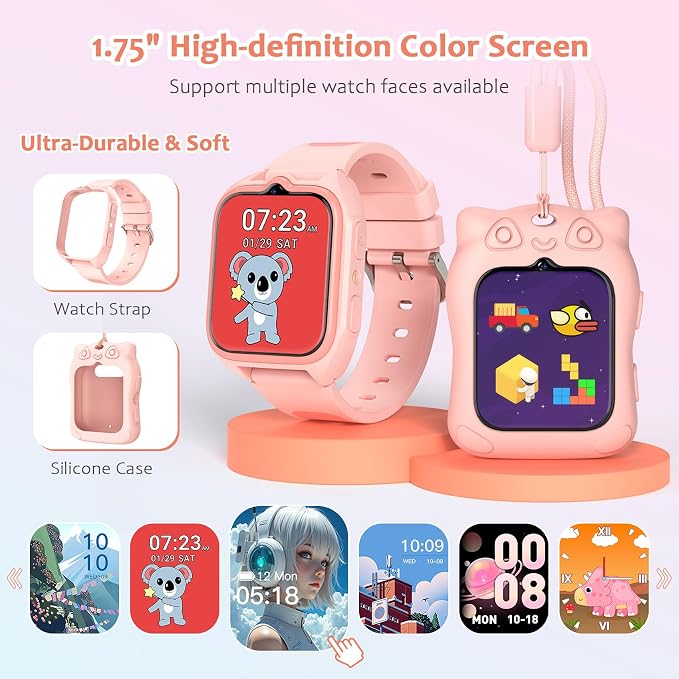 Blackview Kids Smart Watch with 32 Puzzle Games, HD Camera & Video Recording, 1.75" Touch Screen, Flashlight,Music Player, Pedometer, Alarm Clock,Stopwatch,Kids Watch for Girls Ages 4-12