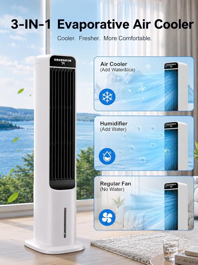 Uthfy 41 Inch Portable Air Conditioners, 3-in-1 Swamp Cooler Air Conditioner with 120° Oscillation, 4 Modes, 3 Speeds,4L Water Tank,4 Ice Packs, Cooling Fans that Blow Cold Air with Remote
