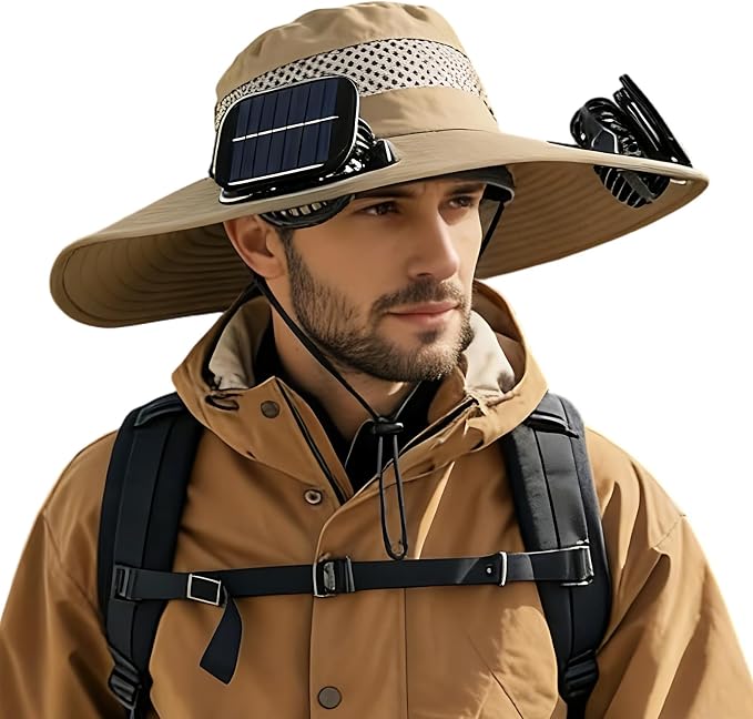 Solar Powered Fan Sun Hat for Men, UPF 50+ Wide Brim Cooling Bucket Hat, Sombrero para El Sol Hombre for Fishing Hiking Beach