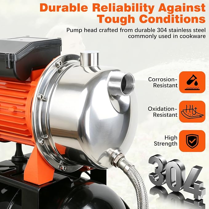 1 HP Shallow Well Pump with Pressure Tank, 1000 GPH, Automatic Irrigation Water Booster Pump with 130 ft Head Lift 20/40 PSI Pressure Switch 304 Stainless Steel Pump Head for Home Garden Lawn