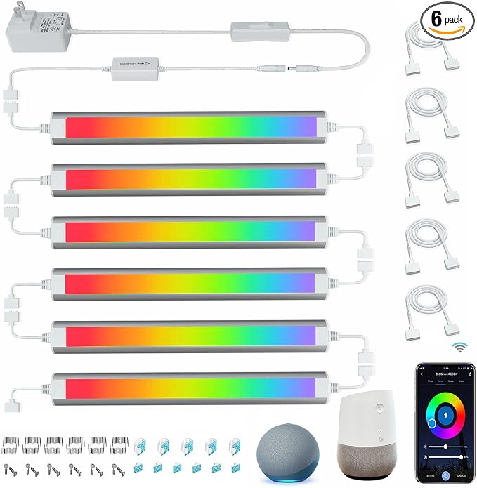 Smart Under Cabinet Lighting Plug In, RGB Multi Colored & White Work with Alexa, Google Assistant, APP, 12Inch Linkable LED Strip Lights Dimmable for Kitchen Counter, Shelf, Matte White Finished, 6PCS