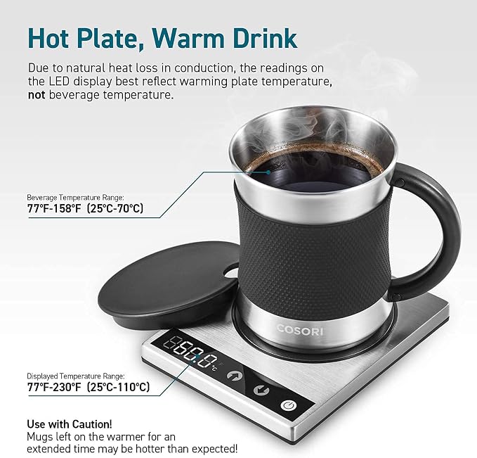 Cosori Coffee Mug Warmer & Mug Set for Desk, Cup Heater, Office, 1°F Precise Temperature Control, Touch Tech & LCD Digital Display (77-194℉), 304 Stainless Steel, Silver/Black