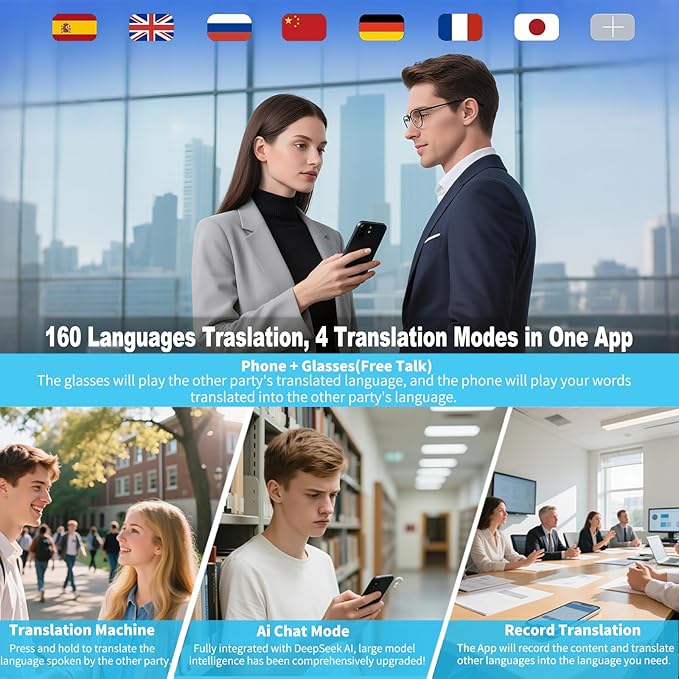 Ai Smart Glasses Bluetooth 5.4 with Translation for Men Women 160+Languages Color-Change Lens Chat GPT Assistant Free App Translator Glasses Meeting,Driver,Travel
