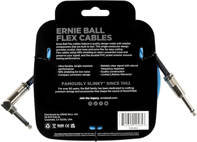 Ernie Ball Flex Instrument Cable Straight/Angle 10ft - Blue (P06464)