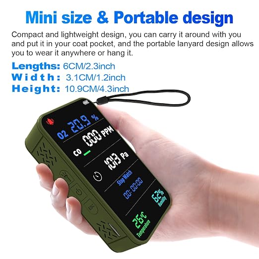 7-in-1 Portable Oxygen Detector for Indoor and Outdoor,288H Standby,O2 Detector with O2,Temperature,Humidity,Illumination,Room Oxygen Monitor for Car,RV,Camping,Travel (Green)